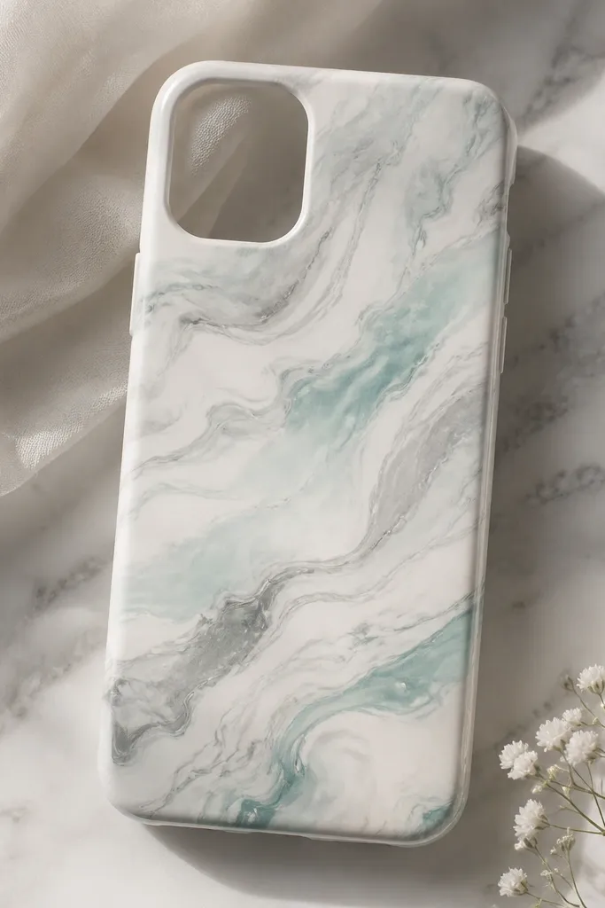 A white phone case with swirled marble streaks in soft gray and pale mint, with airy cloud-like movement and thin veining.