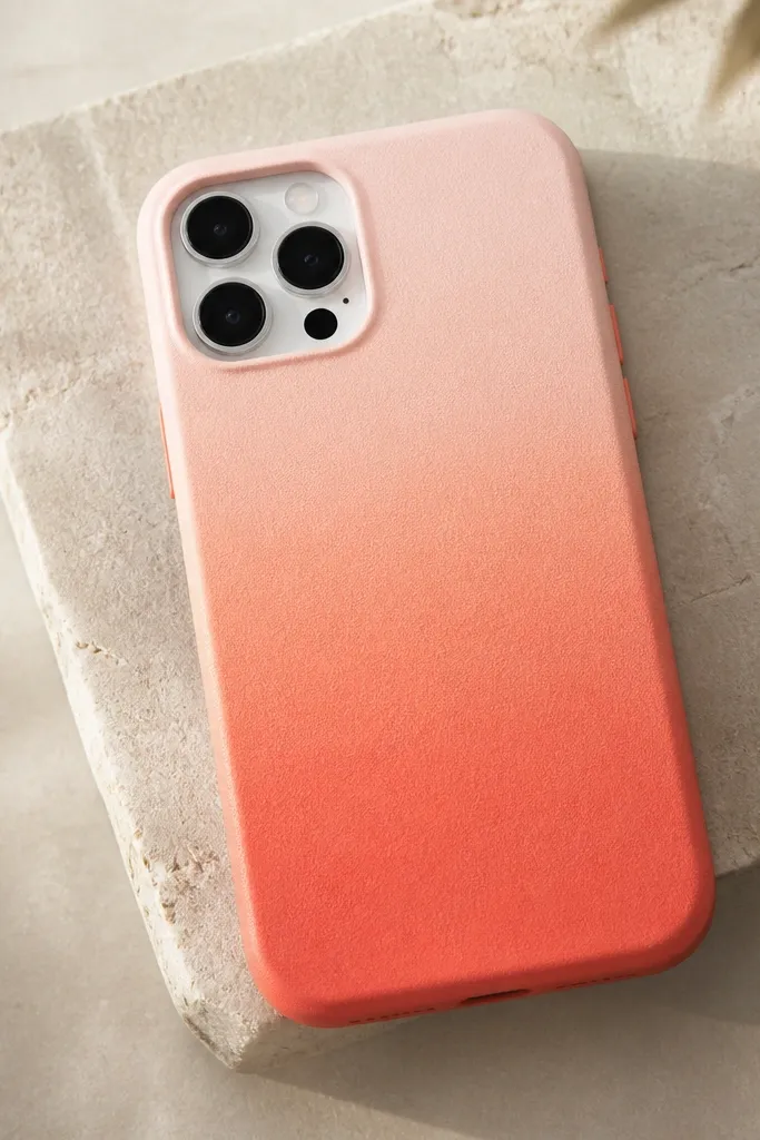 A phone case fading from deep coral at the bottom to peach and then pale pink at the top, with a smooth sponge texture.