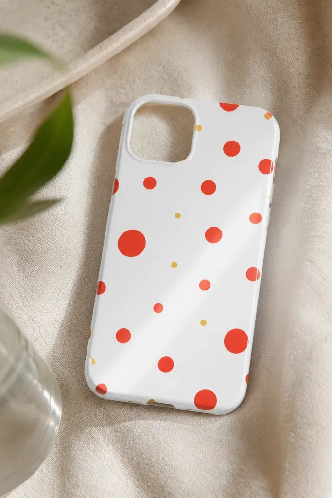 A white phone case with scattered strawberry-red dots of different sizes and a few tiny yellow dots like seeds, plus a faint glossy highlight in the center.