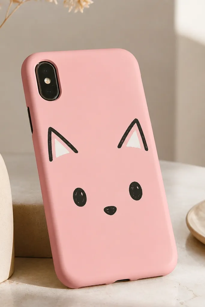 A blush pink phone case with a hand-painted cat face: two triangular ears, simple oval eyes, and a tiny nose, outlined in black.