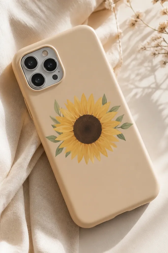 A warm beige phone case with a sunflower in the center: dark brown circle, yellow petal strokes, and a few tiny green leaves at the sides.