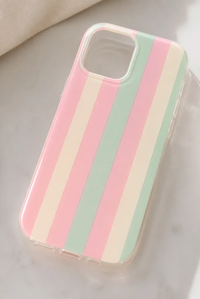 A clear-ish pastel phone case painted with vertical candy stripes in pink, mint, and cream, with clean edges and a glossy top coat.