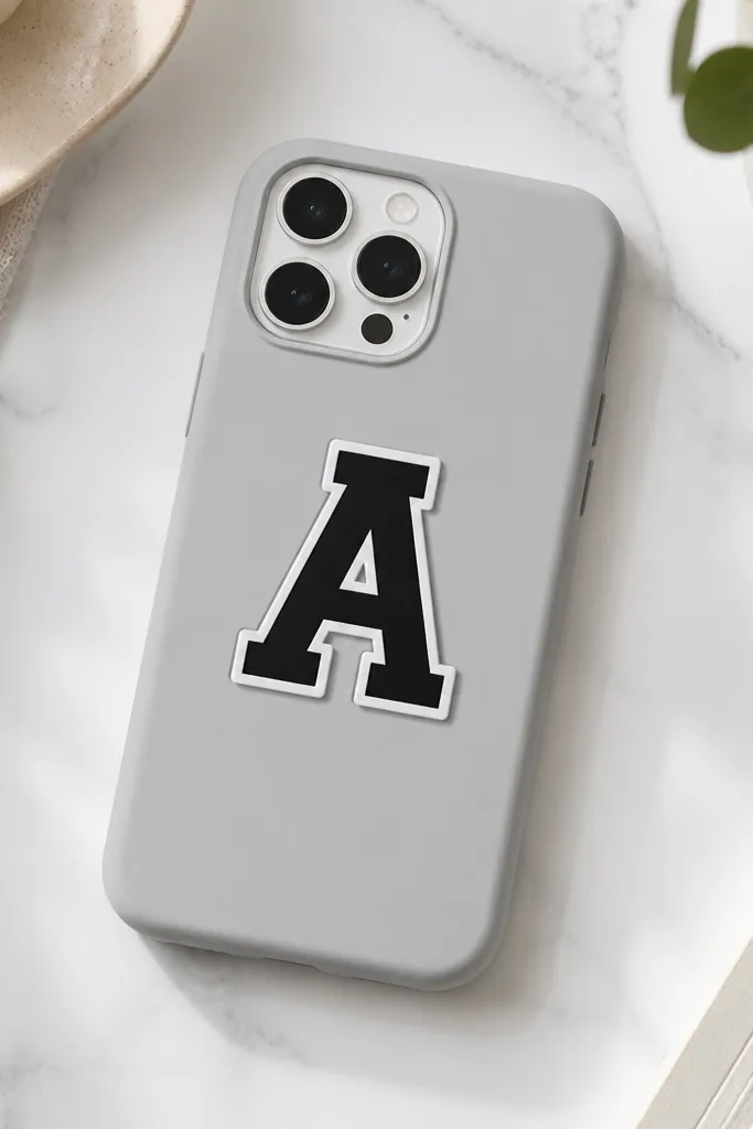A light gray phone case with a bold black monogram letter in the center, surrounded by a thin white outline, with a slightly raised sticker-like look.