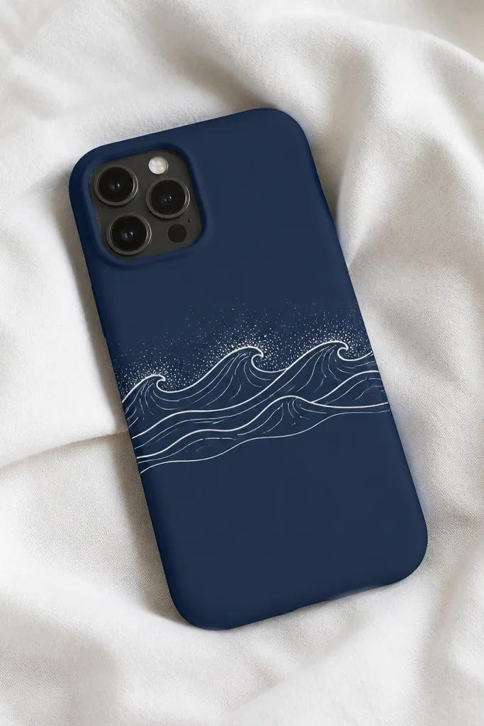 A navy phone case with simple white cartoon wave lines across the middle and frothy texture speckles above them.