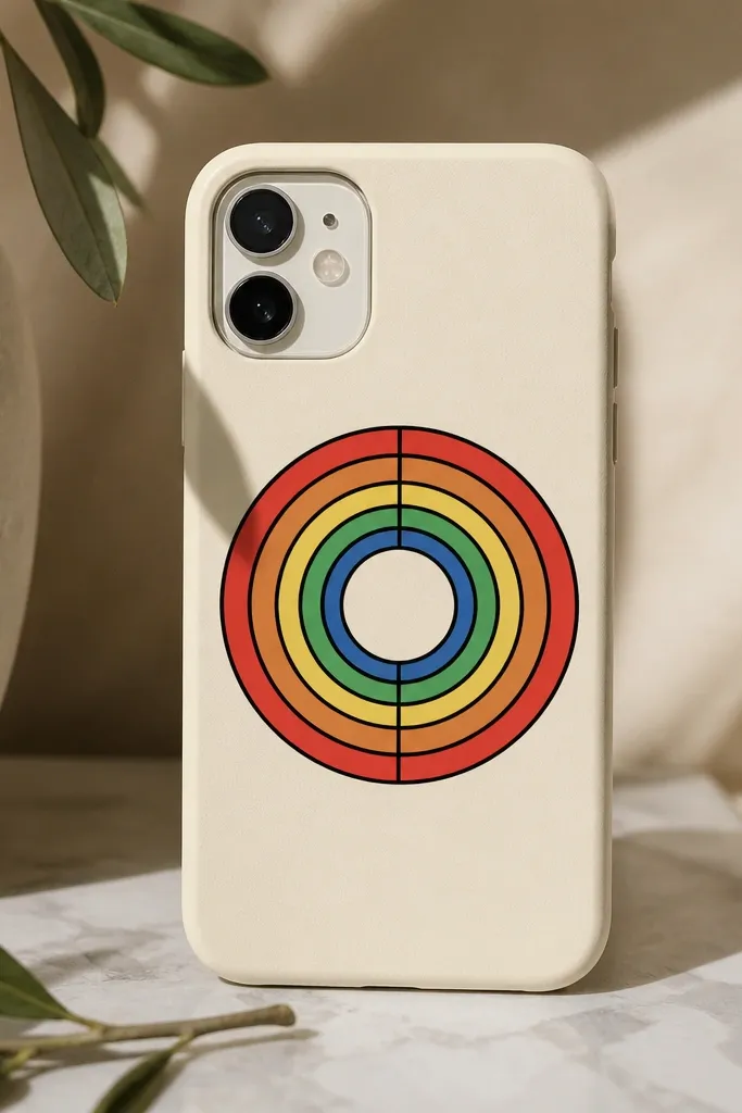 A cream phone case with a centered retro color wheel made from thick arcs in red, orange, yellow, green, and blue, with black outlines.