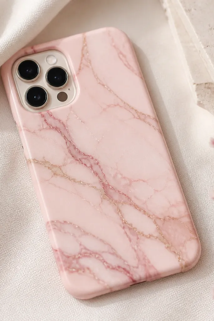 A light pink phone case with tan and darker rose veining that curls like marble, plus a few tiny white highlights.