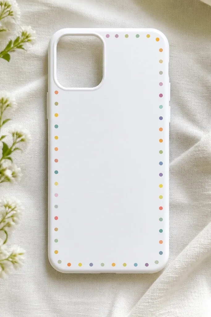 A white phone case with a thin border made of evenly spaced small colored dots around the edges, leaving the center mostly blank.