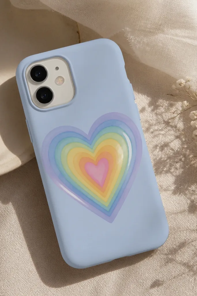 A pastel blue phone case with a heart made from layered rainbow bands, like watercolor, with a small white highlight on one side.