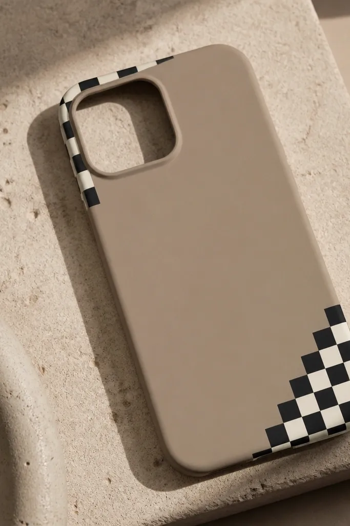 A taupe phone case with only the top-left and bottom-right corners painted in a small black-and-white checkered pattern, and the camera area left plain.