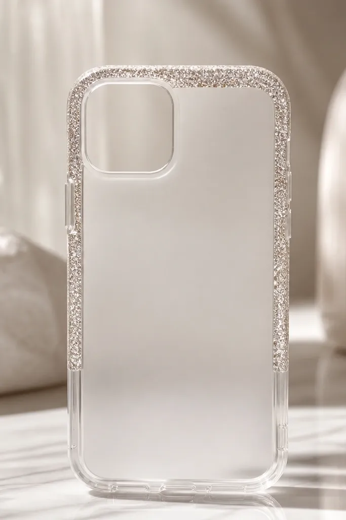 A clear or light phone case with glittery edges only along the top and sides, masked with clean tape lines, and a matte center area.