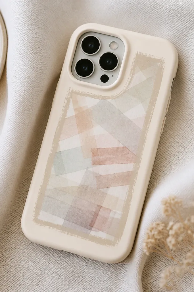 A cream phone case with a rectangle frame made from painted areas, while the inside shows a wash-tape pattern in pale colors; the frame looks like a sticker window.