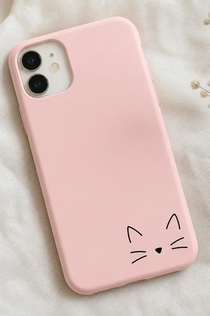 A light pink phone case with a tiny cat face in the bottom-right corner: two ears, a small nose, and three whisker lines, all outlined in black.