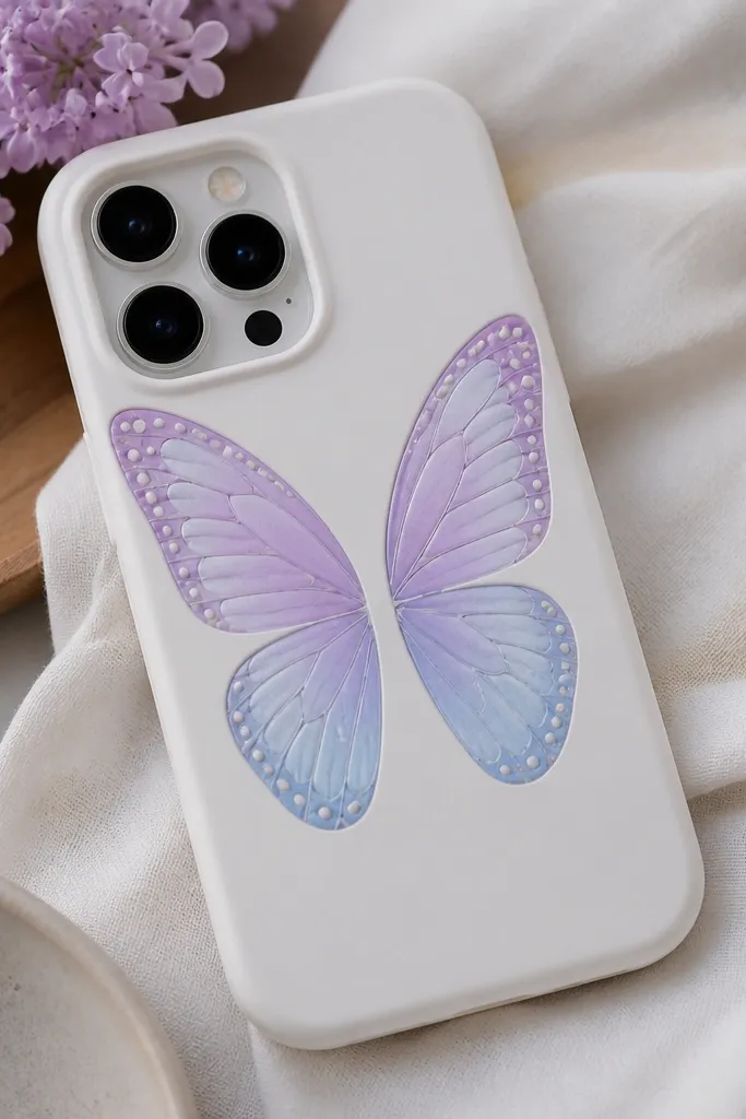 A soft white phone case with two butterfly wings on the back, filled with lilac-to-blue gradients and dotted accents near the edges.