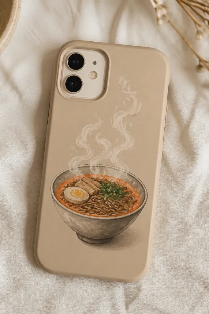 A warm beige phone case with a painted ramen bowl in the center, orange broth, dark noodles, and white steam swirls rising above.