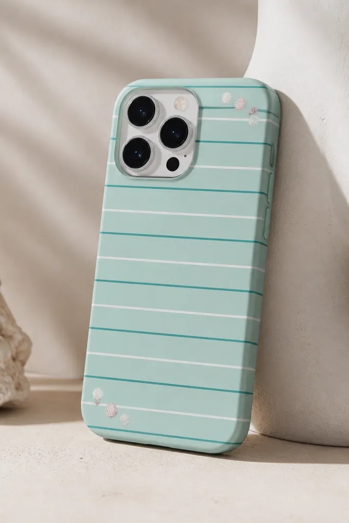 A minty seafoam phone case with thin horizontal stripes in white and darker teal, plus a few tiny shell-like dots in the corners.