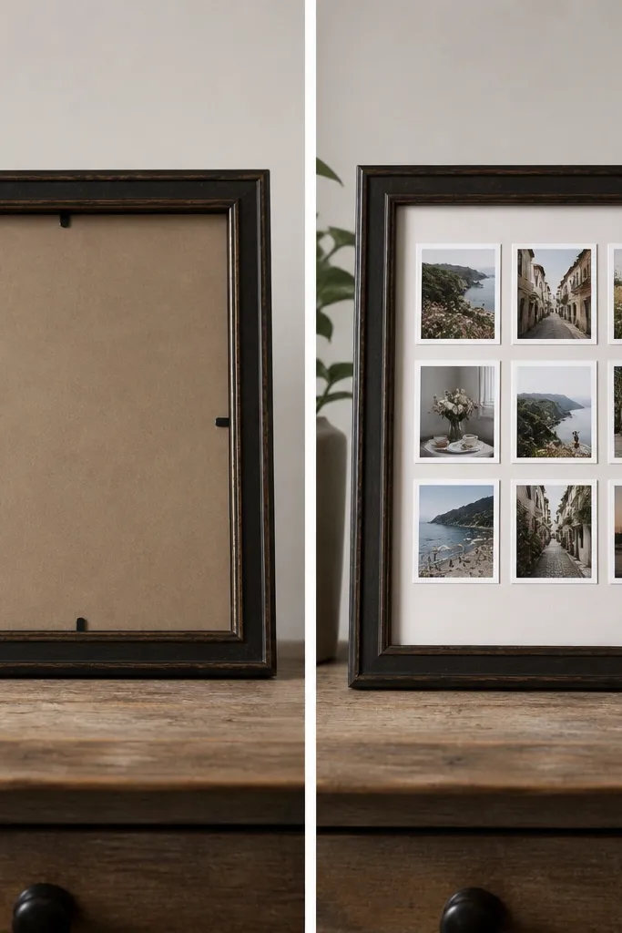 A before-and-after set: left shows a plain, dark thrift store frame with no insert. Right shows the same frame transformed into a 3x3 grid of small photos with white paper borders, plus a small corner label in blue ink that says the date. The frame looks bright inside with a matte backing and clean spacing.