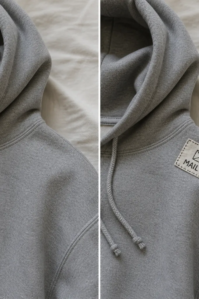 A before-and-after: left is a plain gray hoodie with no decorations. Right shows the same hoodie with a small stitched patch on the right shoulder: a rectangle of off-white fabric with a tiny envelope illustration and the words "MAIL DAY" in black thread. The patch edges are hand-stitched and sit flat against the sweatshirt.