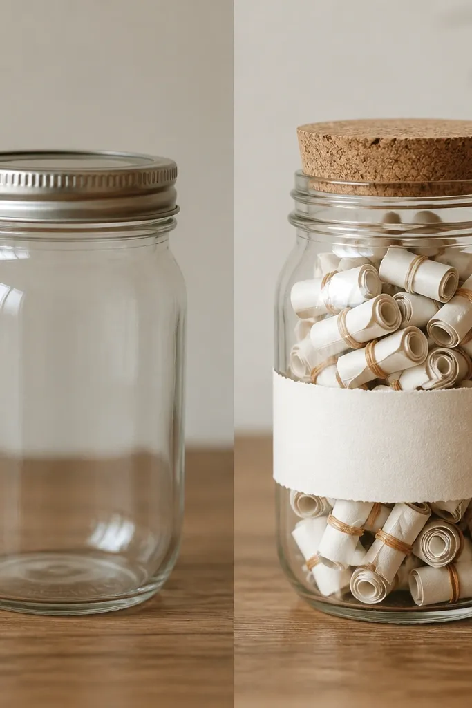 Before-and-after: left shows a clear mason jar with a plain metal lid and no contents. Right shows the same jar with a cork lid and dozens of rolled mini notes in tiny bands, plus a strip of paper around the jar with your handwriting in black ink. The notes are neatly packed and visible through the glass.
