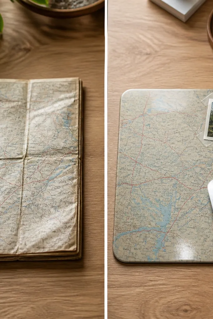 A before-and-after: left shows a folded old paper map with creases. Right shows the map flattened and turned into a rectangular mousepad with rounded corners, and a small laminated photo corner near the top right held under clear tape. The surface looks smooth and glossy.