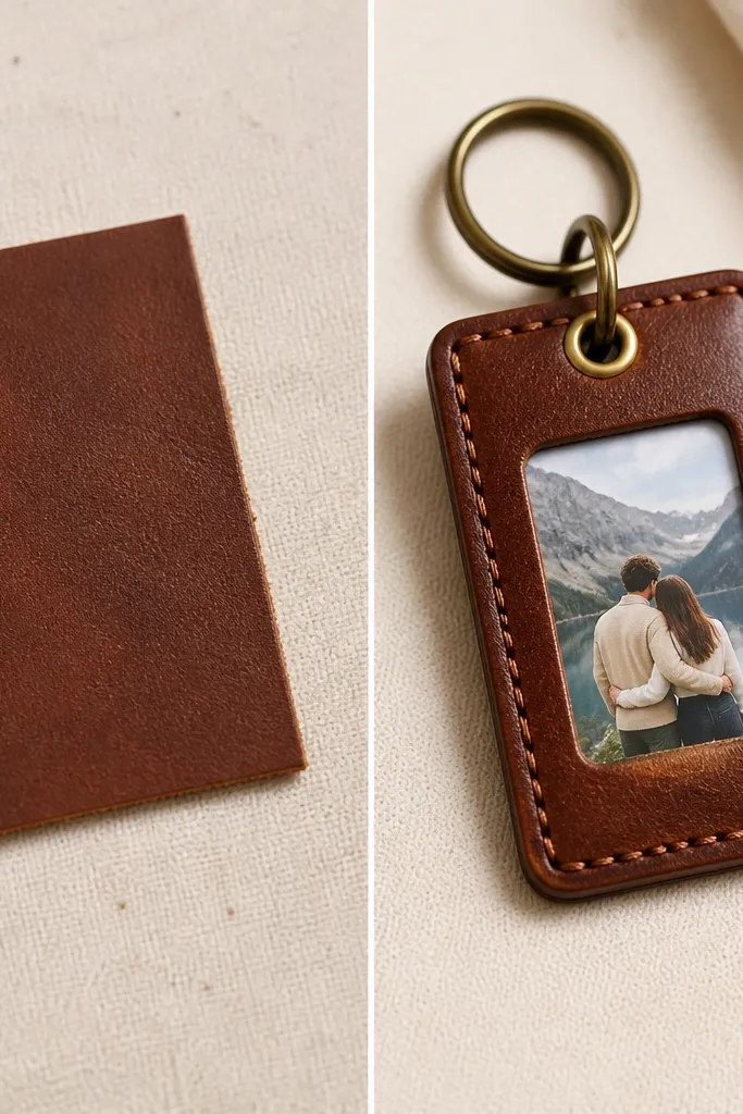 Before-and-after: left shows a small scrap of brown leather with no holes. Right shows a finished keychain: a stitched leather rectangle with a tiny clear window, a small photo inside, and a brass eyelet at the top. The stitching looks even and the leather has a slight burnish sheen.