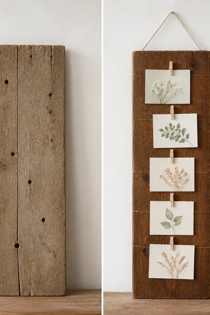 A before-and-after: left shows a raw plank of reclaimed wood with visible nail holes. Right shows it sanded, stained a warm walnut tone, with a thin white fabric back and five mini clothespins holding small cards. The board has a clean top string loop for hanging.