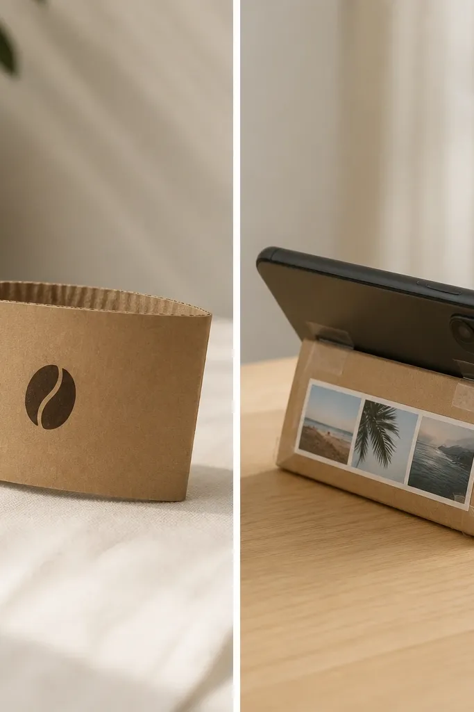 A before-and-after: left shows a plain coffee sleeve with a single logo. Right shows the sleeve turned into a folded phone stand: it has a clean V-shaped fold line, a glued photo strip inside, and the sleeve looks reinforced with clear tape at the fold points.