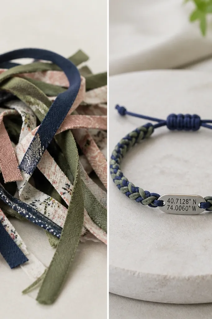 A before-and-after: left shows a bundle of leftover fabric strips in mixed colors. Right shows a finished braided bracelet in two main colors with a small metal tag stamped with coordinates and a slider knot closure. The braid looks even and tight.