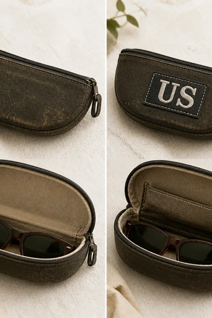 A before-and-after: left shows a plain sunglasses case with a worn exterior and no decoration. Right shows the same case with a stitched embroidered patch that says "US" and a hidden interior pocket flap. The patch thread is bright white on dark fabric.