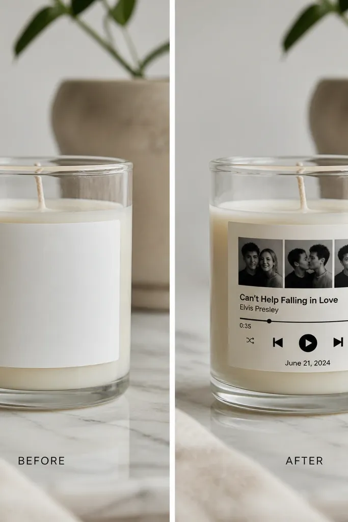 A before-and-after: left shows a plain glass candle jar with a blank label. Right shows the same jar with a label in a Spotify-like layout: a small photo strip, song title text in black, and a date. The label looks printed on matte paper and sealed under clear tape.