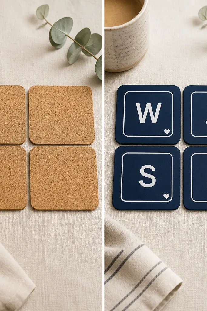 A before-and-after: left shows a set of four plain cork coasters. Right shows the same coasters painted in a deep navy with white vinyl stencil letters in a keycap-like pattern, each coaster has a small tiny heart dot in one corner.