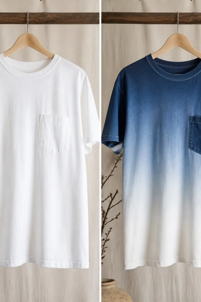 A before-and-after: left shows a plain white thrift t-shirt. Right shows it dyed with a soft ombre effect from light at the bottom to deeper indigo near the collar, plus a small pocket on the left chest made from a contrasting blue fabric and a stitched initial in white thread.