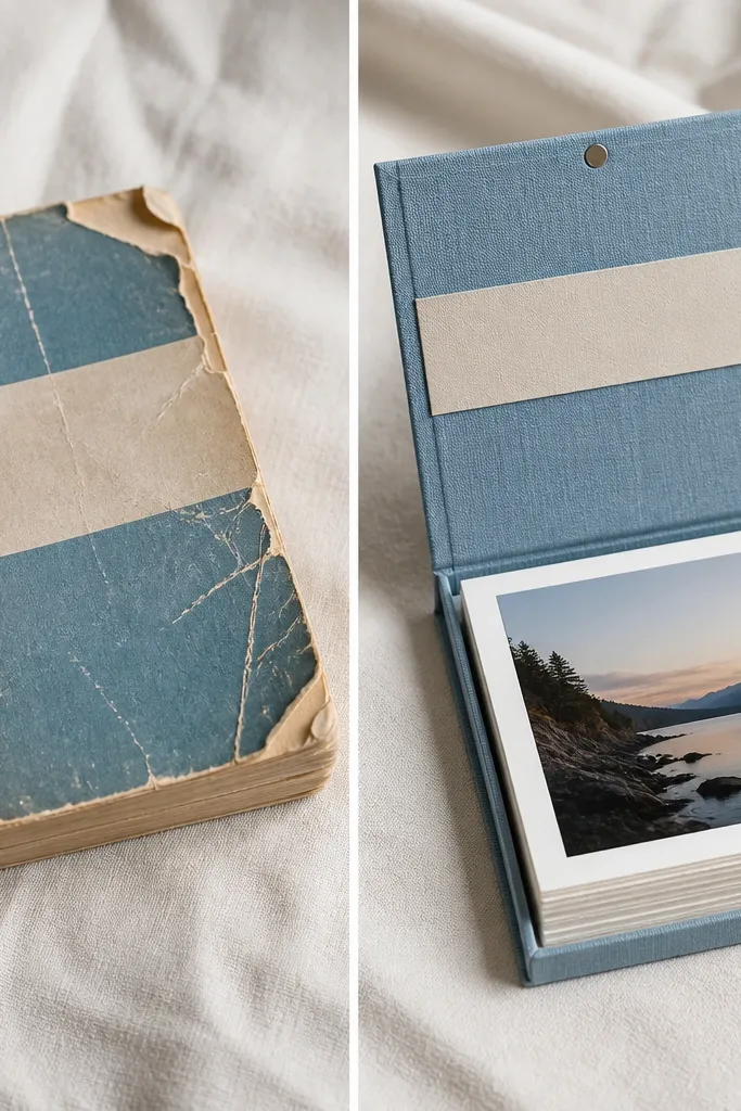 A before-and-after: left shows a worn paperback with a torn cover. Right shows a hinged flipbook made from the same book: the cover is restored with a new cloth, inside pages hold printed photos, and the closure uses a small hidden magnet. The cover has a clean title strip.