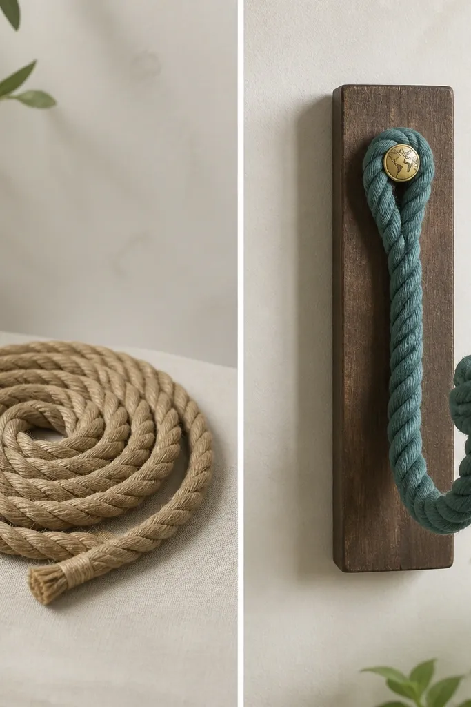 A before-and-after: left shows a plain twisted rope coil. Right shows the rope dyed a muted teal and shaped into a wall hook with a knot at the end, plus a small metal map pin attached near the top. The hook is mounted on a small stained wood strip.