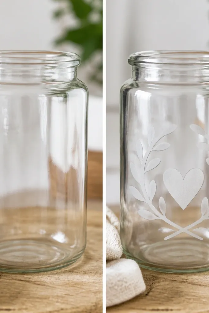 A before-and-after: left shows a plain empty glass jar with a smooth surface. Right shows the same jar with frosted etched letters and a small heart using etching cream stencil. The etched areas look matte white against the clear glass.