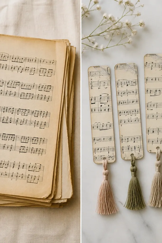 A before-and-after: left shows a stack of old sheet music pages with yellowed paper. Right shows four bookmarks made from cut sheet music with rounded corners, each has a small floating laminated photo corner near the top and a tassel at the bottom.