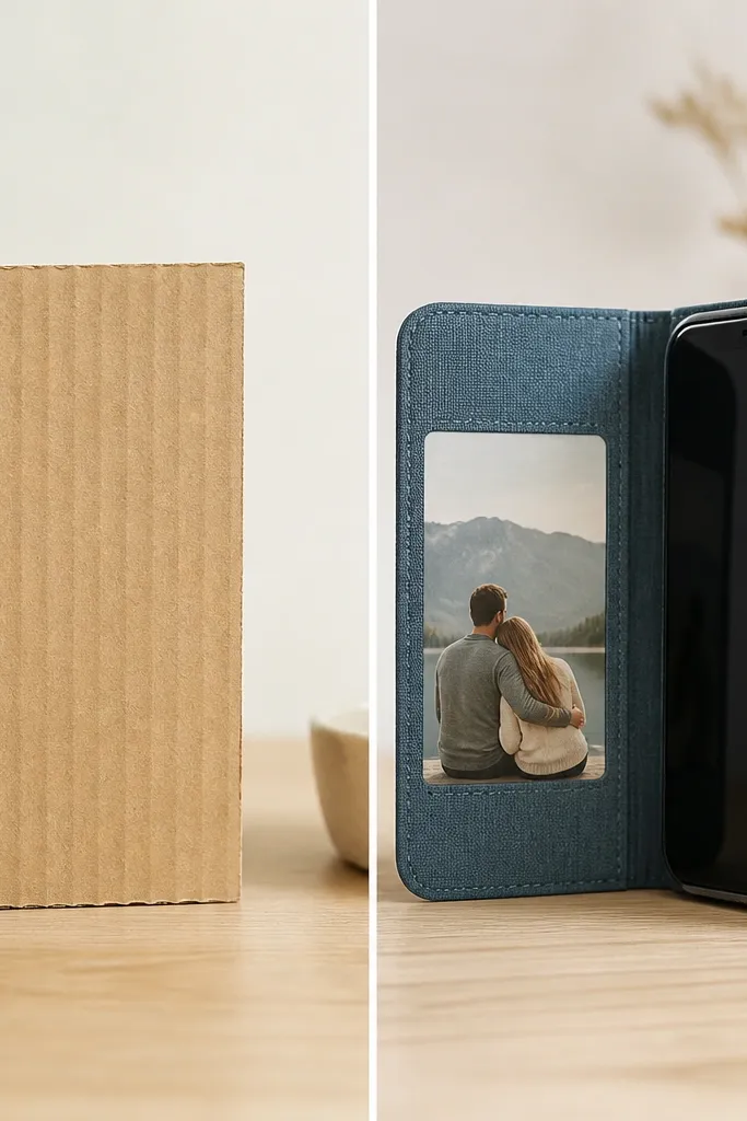 A before-and-after: left shows a plain piece of corrugated cardboard. Right shows a finished phone wallet case: the cardboard is covered with fabric, has a photo sleeve on the inside, and a magnetic flap closure. The exterior looks smooth with clean edges and a stitched border.