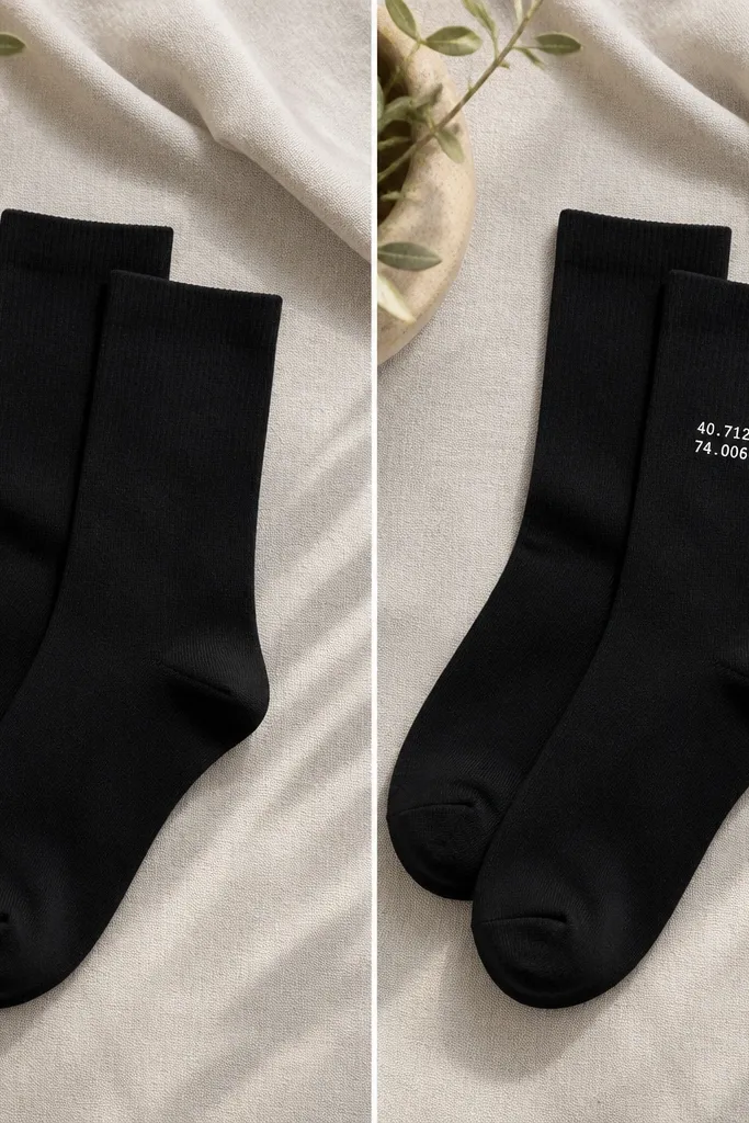 A before-and-after: left shows a pair of plain black socks. Right shows the same socks with a heat-set vinyl design: white coordinates printed around the ankle area and a tiny red heart placed near the heel. The vinyl looks flat and smooth, not wrinkled.