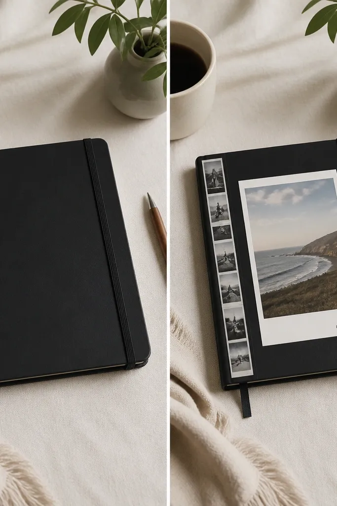 A before-and-after: left shows a plain black notebook with a blank cover. Right shows the same notebook covered with a faux polaroid-style layout: a large photo frame, a small date stamp, and a photo strip along the spine. The cover has a matte finish and clean white borders.