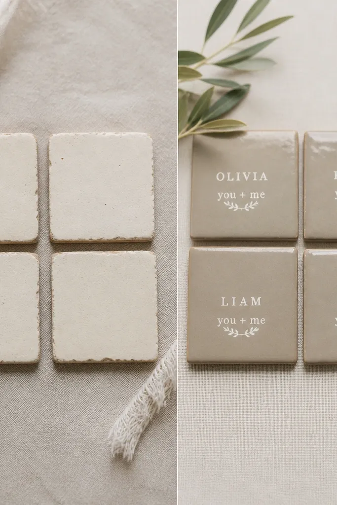 A before-and-after: left shows four plain ceramic tile squares with rough edges. Right shows the same tiles sanded and sealed, each has stenciled names and a small "you + me" symbol in white paint. The tiles look smooth with a clear protective coat.