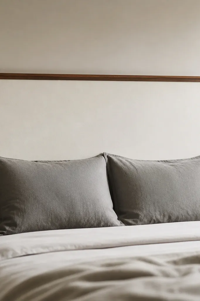 A rectangular headboard made from flat plywood with a thin wood trim border. The center is painted matte off-white and the trim is stained medium walnut. It sits behind a bed with two gray pillows.