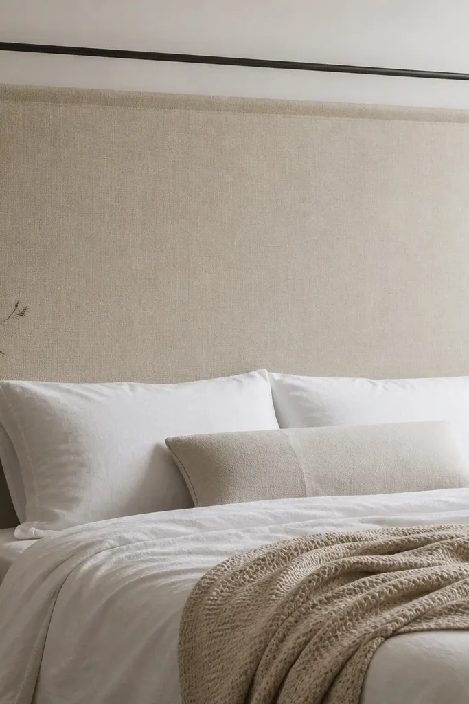 A soft headboard made from fabric stretched across a rectangular metal tension shelf frame. The fabric is a heavy oatmeal linen, held taut, with a neat border and a small gap from the wall. It's behind a white bed with a throw blanket.