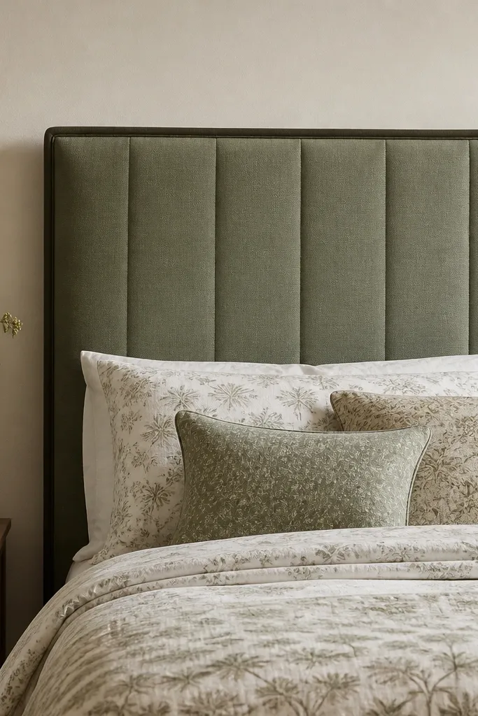 A padded headboard with vertical stitched channels created by stitched fabric strips, not buttons. The fabric is a muted sage green, and the edges are trimmed in a darker matching fabric. It's behind a bed with patterned bedding.