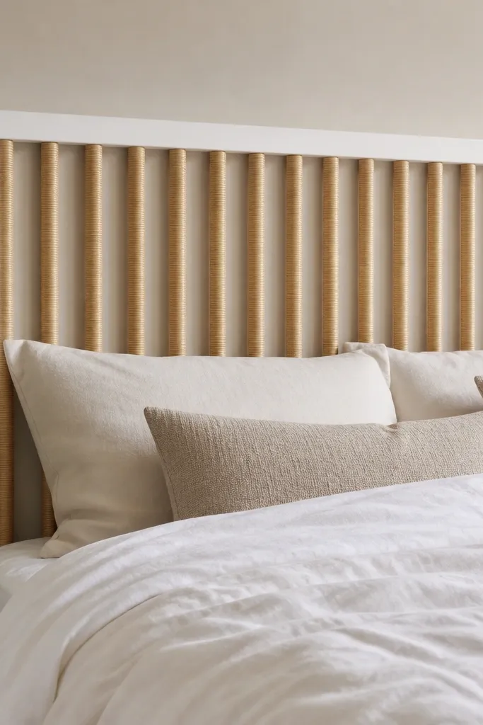 A headboard with evenly spaced vertical slats wrapped in light tan rattan. The slats sit inside a simple wood frame painted white. The texture looks airy but still structured.