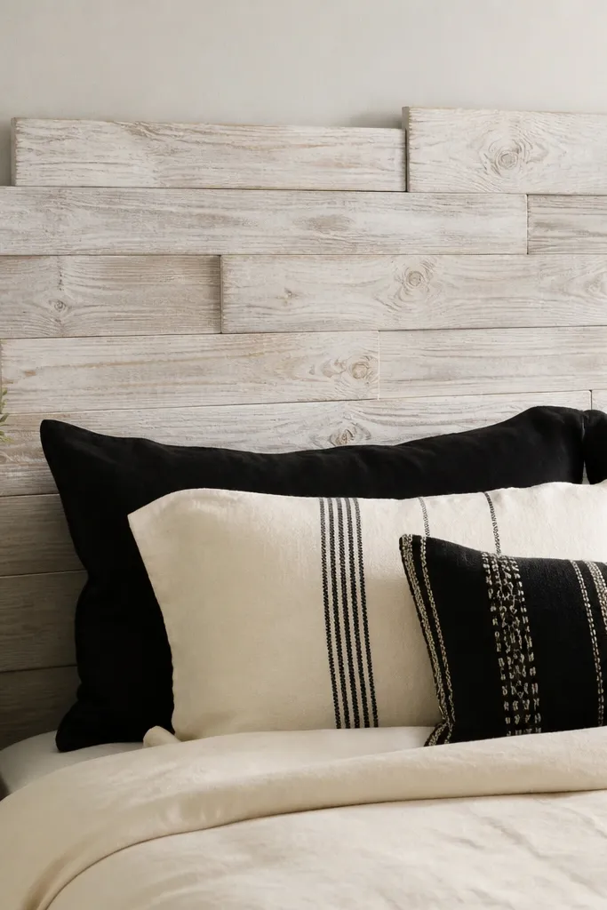 A headboard made from staggered pallet boards, sanded smooth, with a whitewashed finish. The wood grain still shows, and the top edge is slightly uneven in a natural way. It sits behind a bed with black-and-cream pillows.
