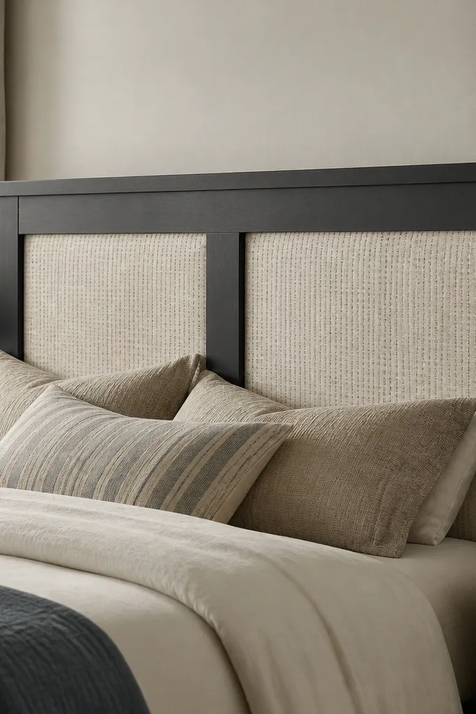 A sturdy headboard frame built from 2x4 lumber, painted charcoal. Inside, there are two removable fabric panels in oatmeal with a subtle pattern. The panels sit like inserts behind the bed.