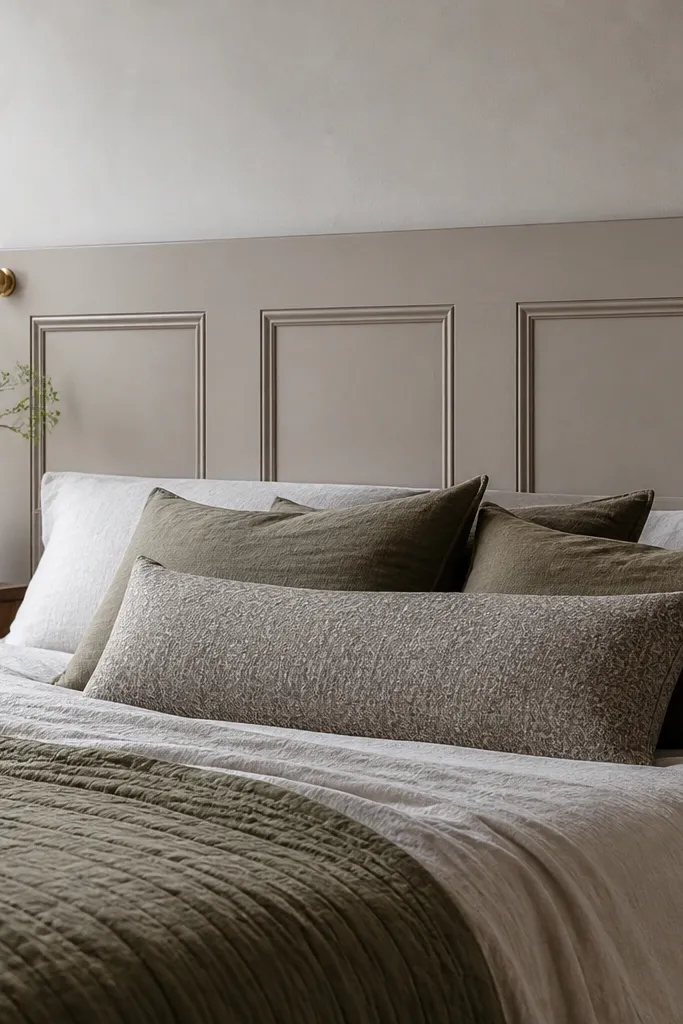 An old interior door mounted horizontally as a tall headboard. It's sanded and painted a soft clay color, with the original panels visible. Brass knobs on the top corners add a quirky detail.