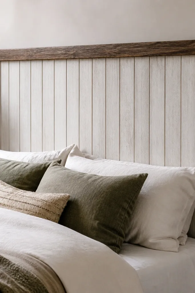A headboard made from vertical boards with visible grain. The boards are whitewashed, while the top rail and side rails are stained dark. The spacing between boards is consistent and narrow.