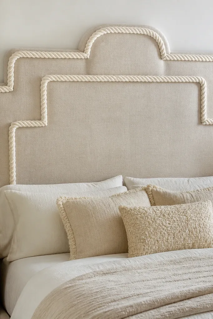 A geometric headboard with a corded rope look around thick foam shapes. The outer border is a braided rope in cream, and the center is a textured neutral fabric. It's mounted flat against the wall.