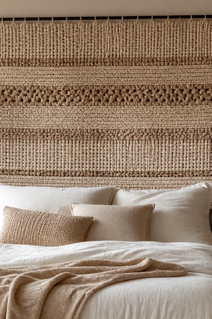 A large woven wall hanging stretched across a tension rod behind the bed. The pattern is simple with thick knots and horizontal rows, in natural beige and light brown. It hangs like a headboard panel.