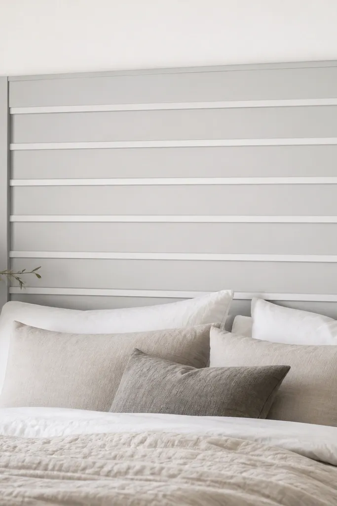 A headboard with shiplap-style horizontal lines. The base is a smooth light gray board, with MDF strips painted white. The lines are even and the corners are framed with thicker trim.